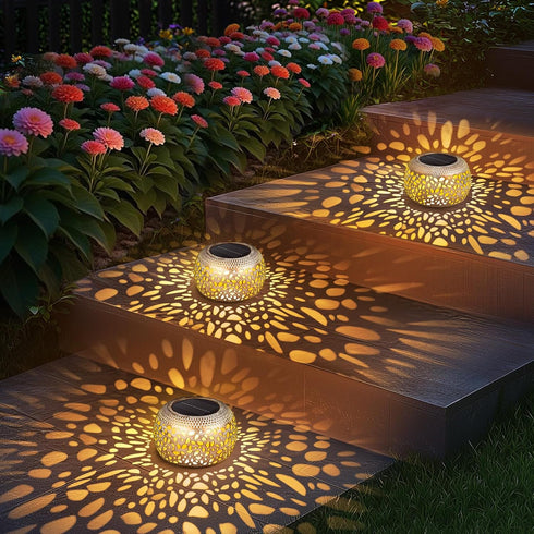 2 Pack 2 Solar Lanterns Outdoor Waterproof: White Gold Hollow Out Metal Solar Lights - Lighting Colors Outside Patio