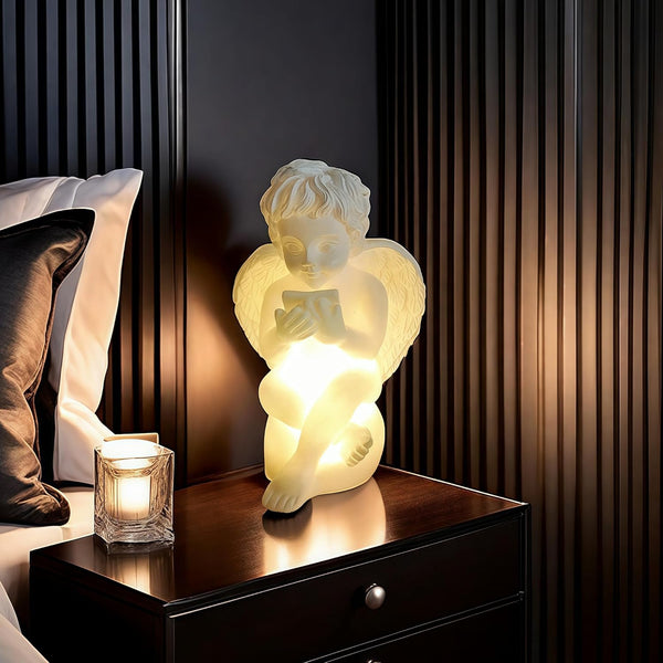 Decorative Angel Figurines Table Lamp, LED Cherub Night Light, Illuminated White Statue