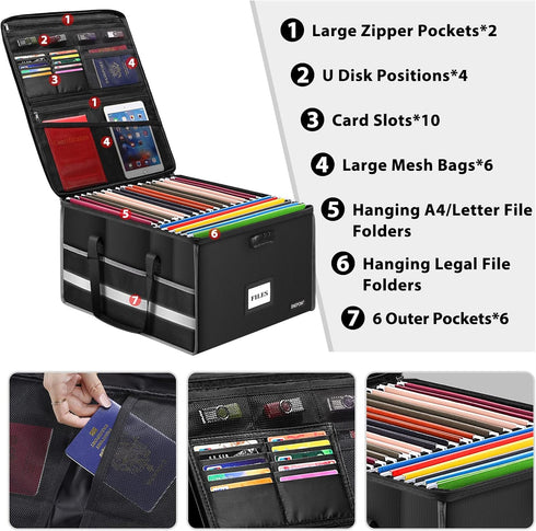 ENGPOW File Box with Lock, Fireproof Document Storage Organizer Box with Inserts for Hanging Letter and Legal Folders