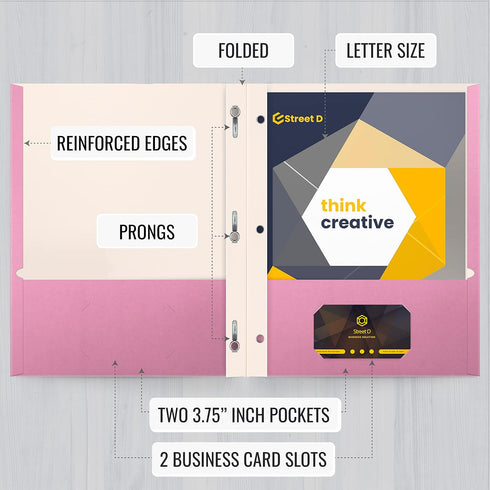 Better Office Products Pink Paper 2 Pocket Folders with Prongs, 50 Pack, Letter Size with 3 Metal Prong Clips