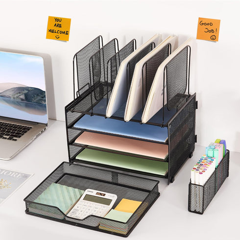 Desk Organizers and Accessories, 3-Tier Paper Organizer with 5 Vertical File Holders, File Organizer for Desk with