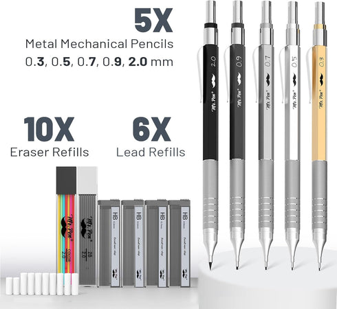 Mr. Pen- Metal Mechanical Pencil Set with Leads and Eraser Refills, 5 Sizes - 0.3, 0.5, 0.7, 0.9 and 2 Millimeters, Sketching/ Drafting Pencil by Mr. Pen