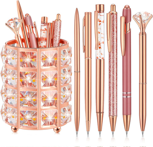 Ballpoint Pen Holder with 6 Glitter Bling Pens - Rose Gold Diamond Pencil Holder for Women, Office School Desk
