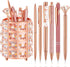 Ballpoint Pen Holder with 6 Glitter Bling Pens - Rose Gold Diamond Pencil Holder for Women, Office School Desk