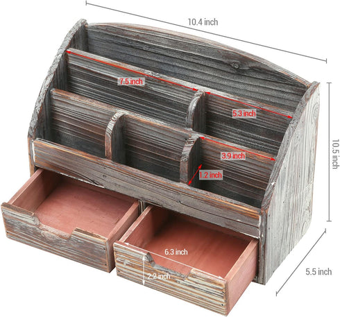 MyGift Desktop Organizer - Torched Wood with 6 Compartments and 2 Pullout Drawers for Office Supplies