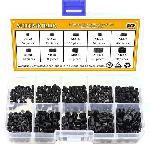 M3/4/5/6/8 Internal Hex Drive Cup-Point Set Screws Assortment Kit, 10 Sizes, 360PCS