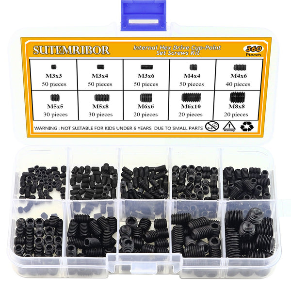 M3/4/5/6/8 Internal Hex Drive Cup-Point Set Screws Assortment Kit, 10 Sizes, 360PCS