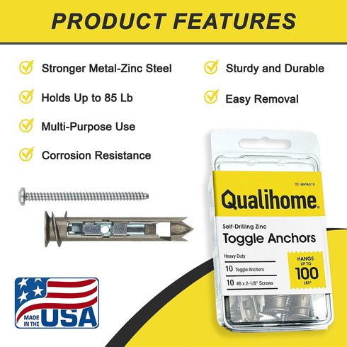 Heavy Duty Drywall Anchors and Screws Kit - Durable Zinc Self-Drilling Toggle Anchors for Hanging