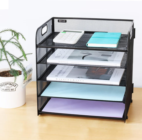 Supeasy 5 Trays Paper Organizer - Mesh Desk File/Letter Organizer, Black Paper Sorter for Office, Home, School