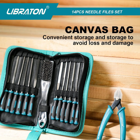 Libraton Needle File Set, 14PCS Diamond and Carbon Steel Files with Wire Cutter, Carry Bag for Soft Metal and Wood