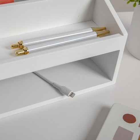 Martha Stewart Weston Wooden Desktop Organizer with Open Lower Storage Compartment, White
