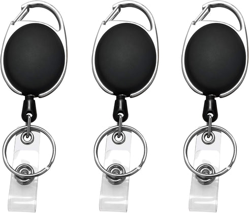 JIKIOU Retractable Badge Reel with Carabiner | Belt Clip and Key Ring for ID Card Keychain Badge Holder, Black 3 Pack