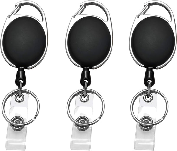 JIKIOU Retractable Badge Reel with Carabiner | Belt Clip and Key Ring for ID Card Keychain Badge Holder, Black 3 Pack