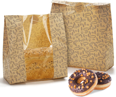 Hacaroa 100 Pack Paper Bread Bags with Clear Window, 10.8"x10"x4" Kraft Bakery