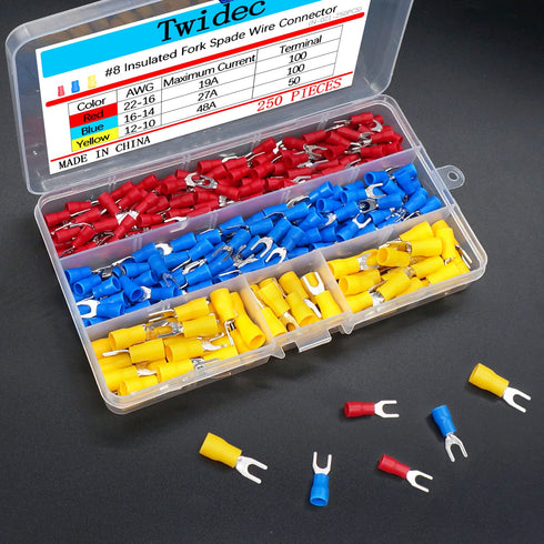 Twidec 250PCS Insulated Fork Spade Wire Connector Assortment Kit, 22-16/16-14/12-10 Gauge #8 Quick Splice Crimp