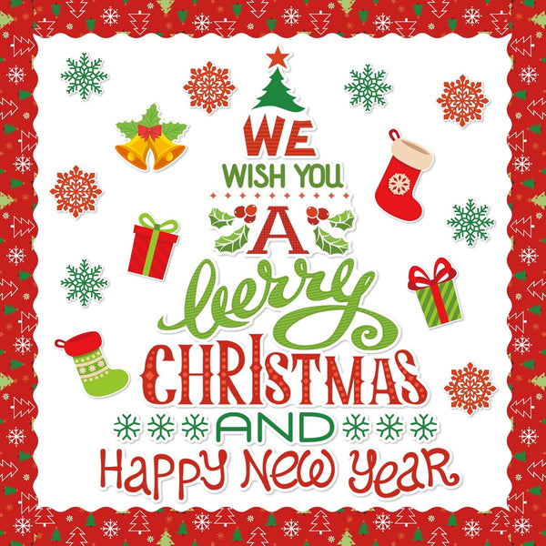 Whaline 105Pcs Christmas Bulletin Board Decoration Kit with Xmas Tree Snowflake Paper Cutouts and Border Stickers