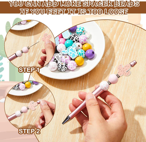 Geelin 18 Set Cow Print Beadable Pens, Assorted Kit with 18 Refills and Cow Themed Wooden Beads