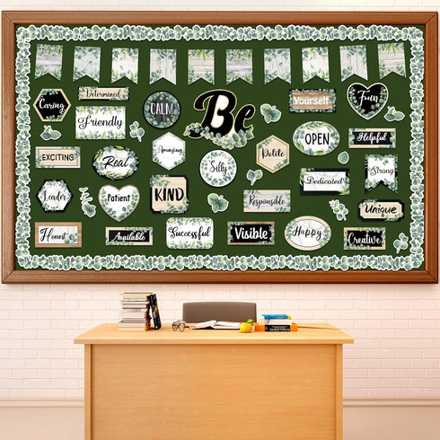 Back to School Eucalyptus Motivational Classroom Bulletin Board Decorations, Greenery Inspirational Quotes Cutouts