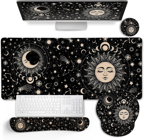 Sun Moon Mouse Pad Set, XXL Large Gaming Desk Mat with Wrist Rest, Ergonomic Mouse Pad, Home Office Decor