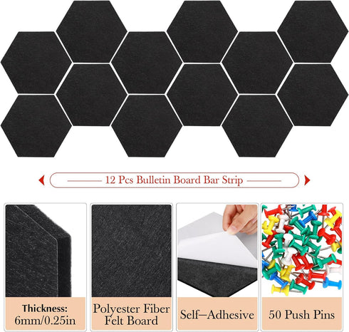 Ctosree 12 Pcs Felt Bulletin Board Tiles 5.9 x 7 Inch with Self Adhesive Backing and 50 Push Pins for Decor