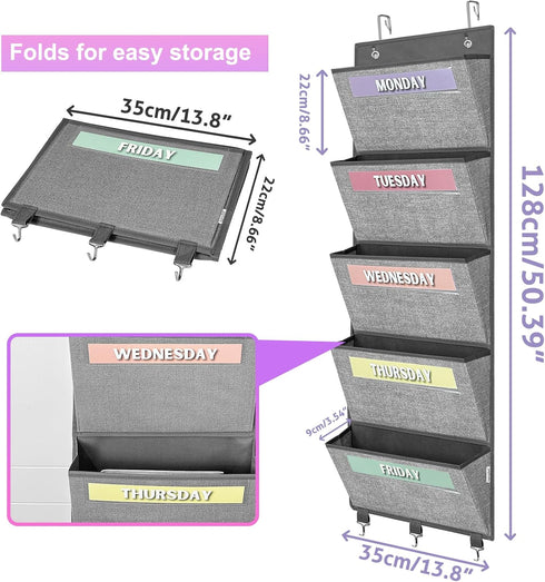 homyfort Over the Door Hanging File Organizer, Weekly File Folders for Mail, Magazine, Notebooks, 5 Large Pockets