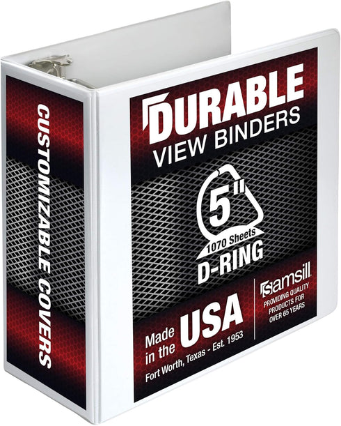 Samsill Durable 5 Inch Binder, Made in the USA, Customizable Clear View D Ring Binder, White, Holds 1050 Pages