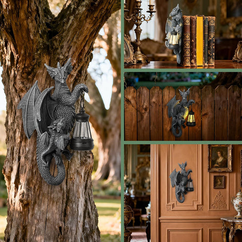 Solar Dragon Decor Tree Hugger Statue | Outdoor Garden Statue with LED Light for Yard, Patio, Balcony | Fantasy Dragon