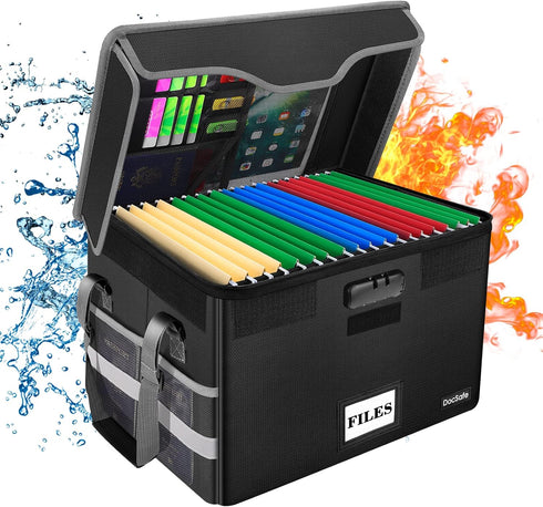 DocSafe Fireproof Document Box with Lock, Portable File Storage Organizer with Mesh Pockets, Collapsible for Home Office
