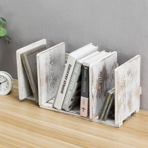MyGift Rustic Whitewashed Wood Expandable Desktop Bookshelf/Adjustable Tabletop Organizer Rack