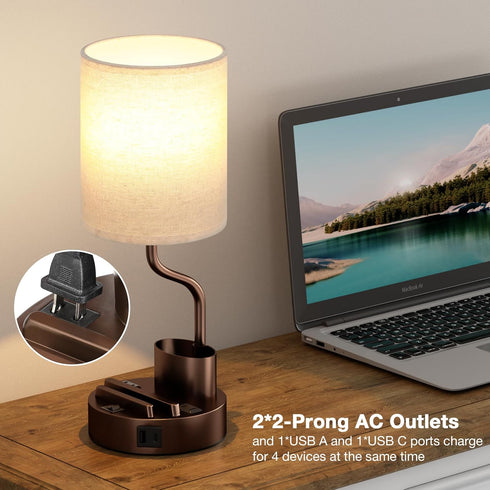 Set 2 3 Bedside Table Lamps for Bedroom of - Beige Nightstand Lamp with AC Outlet Charging Port and USB A C, Color
