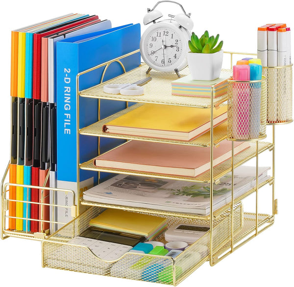 Marbrasse Rose Gold Desk Organizer - 5-Tier Paper Letter Tray with Drawer and 2 Pen Holder, Mesh Desktop Storage