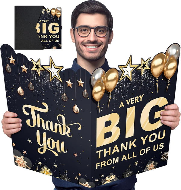 Large Thank You Card with Envelope, Jumbo Appreciation Card Black Gold, Giant