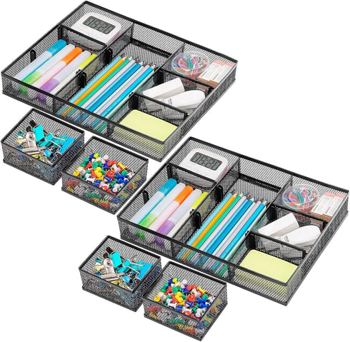 Marbrasse 3 Packs Desk Drawer Organizers, Tray with 9 Adjustable Compartments for Makeup & Office Supplies (2Pack-Black)