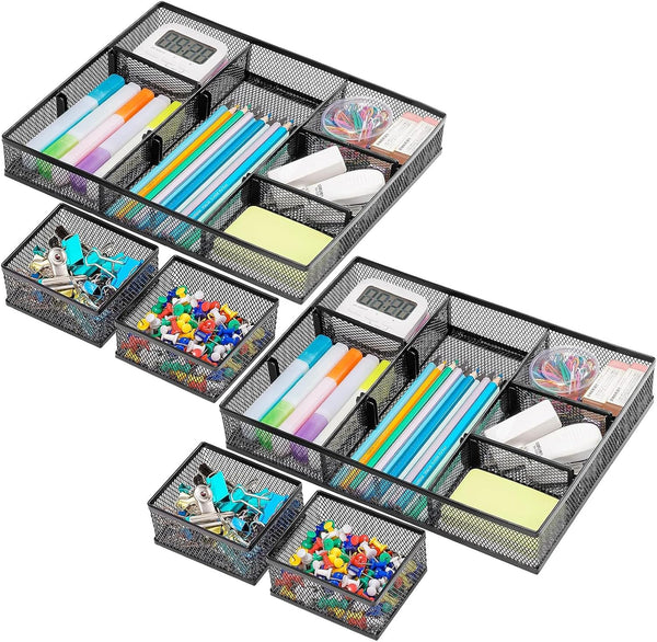 Marbrasse 3 Packs Desk Drawer Organizers, Tray with 9 Adjustable Compartments for Makeup & Office Supplies (2Pack-Black)