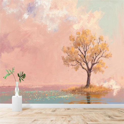 lnzCzhyre Custom Size Wall Sticker Mural Autumn Tree by the Water Soft Clouds and Sparkling Water for wall Decoration