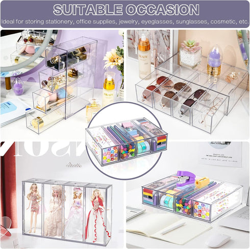 Desk Organizer with 4 Drawers, FODIENS Stackable Storage Box with Removable Drawer, Clear Organizer for Stationery,