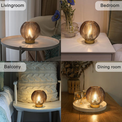 LUSHARBOR Battery Operated Lamp with Timer, Small Glass Table Lamp, Decorative Cordless Battery Powered Bedside Lamps
