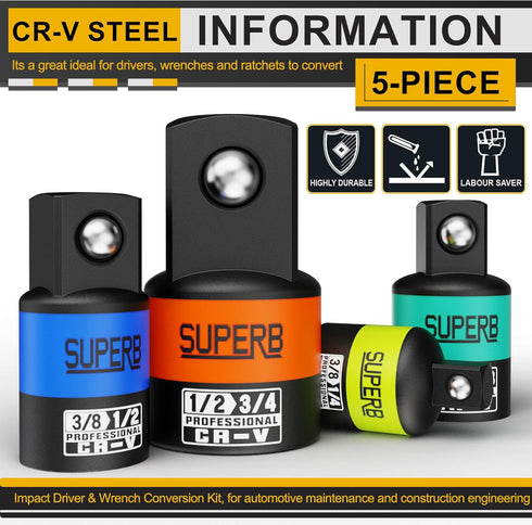 Aiourx 5-Piece Set, 1/4", 3/8", 1/2" Impact Socket Adapter Socket Converter&Reducer, Cr-V Steel, Impact Driver & Wrench