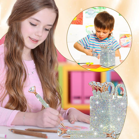 Qilery 8 Pcs Bling Desk Accessories for Valentines, Includes Bling Pen Holder, Crystal Pens, Scissors, Makeup Brush