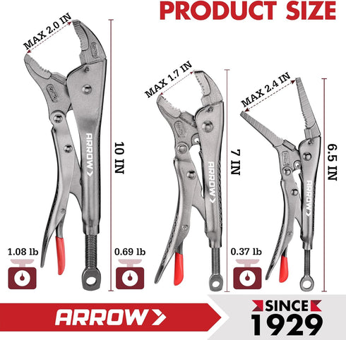 3-Piece Set 6.5" 7" 10" Arrow Locking Pliers - Long Nose and & Curved Jaw Locking Pliers, CR-MO Steel Construction
