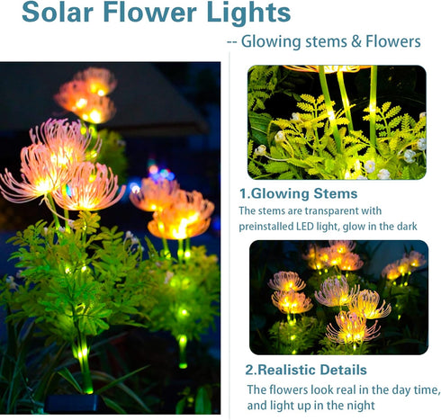 Solar Garden Lights - 2 Pack Solar Flowers Lights with Glowing Flowers & Stems for Outdoor Garden Decoration