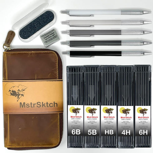 Premium Metal Drawing Mechanical Pencils - Sketching in Leather Pencil Case, 2mm Lead Refills, Kneaded Eraser