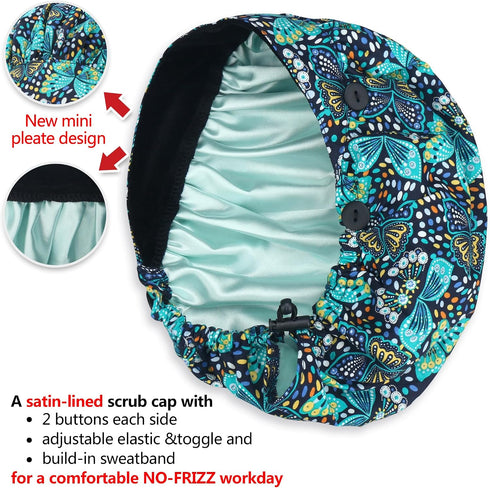 2 Pack ABAMERICA Bouffant Caps with Button and Sweatband, Adjustable Scrub Caps for Women Men, One Size Multi Color