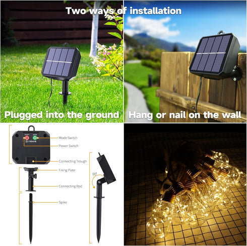 20Ft 8 16 Bulbs Solar Outdoor String Lights, Vintage Rope Hemp Solar Patio Lights, Waterproof Warm White Solar Powered