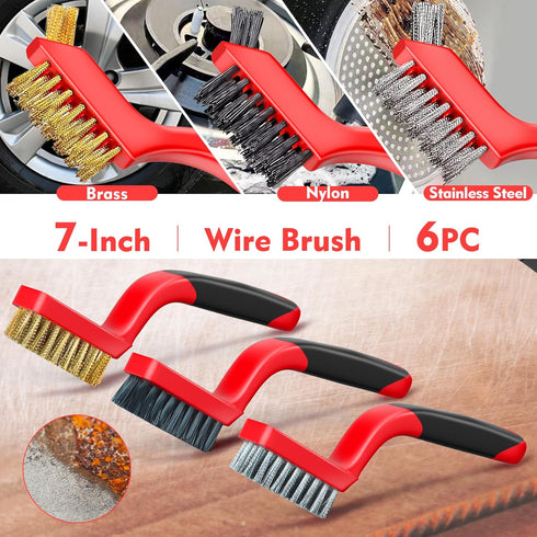 Wire Brush Set, 6-Piece Nylon/Brass/Stainless Steel Brushes with Curved Handle for Rust and Paint Cleaning