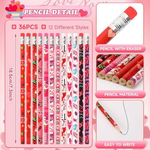 JUNEBRUSHS 72Pcs Valentine's Day Party Favors Set, 36Pcs Valentines Day Pencils with 36Pcs Silicone Bracelets