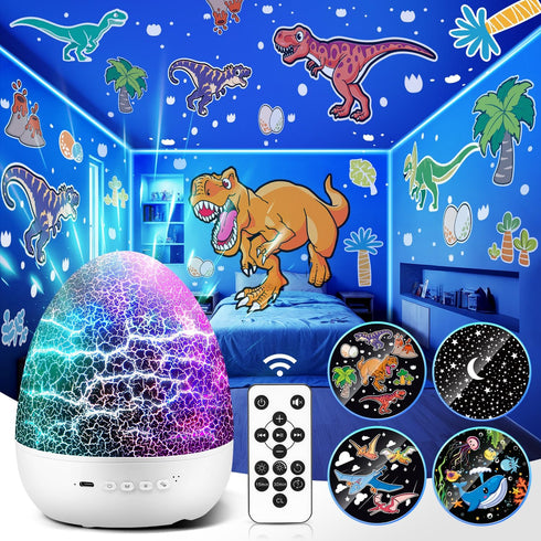 Dinosaur Night Light for Kids, 10 Musics + 6 Films Kids Night Light Projector, 126 Lighting Effects + Remote, 360