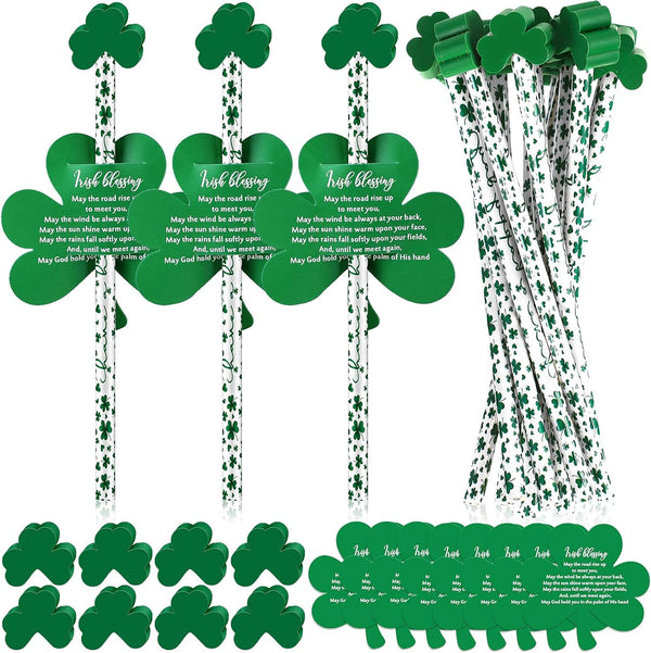 St. Patrick's Day Pencils, Shamrock Pencils with Card, Green Pencils with Greeting Cards, 100 Sets for Gifts