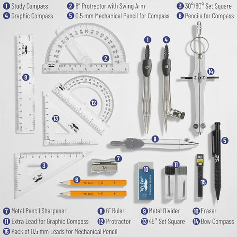 Mr. Pen Set 6 Inch Set 15 Set Geometry with Swing Arm Protractor, Divider, Squares, Ruler, Compasses and Protractor