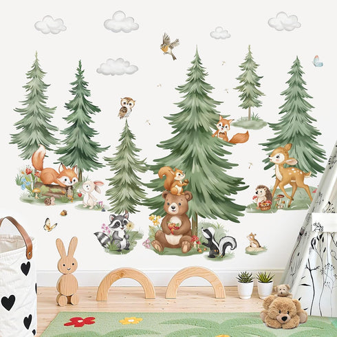 decalmile Mountain Tree Woodland Wall Decals Large Pine Tree Forest Animal Bear Deer Fox Wall Stickers Kids Room Baby